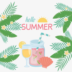hello summer poster with fresh cocktail icons
