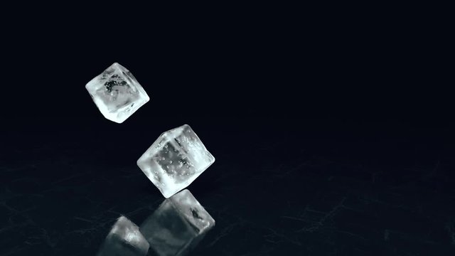 Two falling ice cubes on a textural surface in slow motion. 3d render