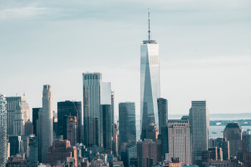 New York skyline view on financial district with One World Trade Center as tallest building
