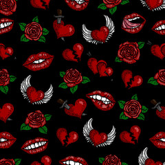 Vector hand drawn seamless pattern of colorful pop art hearts, lips, roses, Brocken heart, two hearts with arrow, heart with wings and heart punctured by sword, lips and mouth and roses on black.