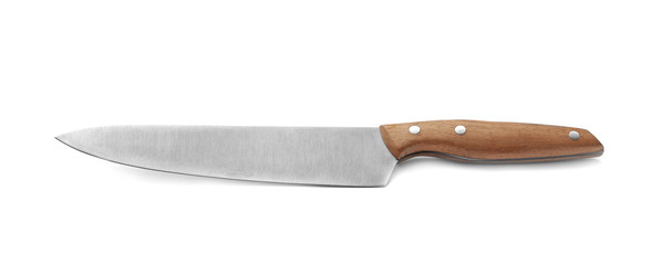 Stainless steel chef's knife with wooden handle isolated on white