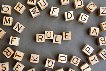the word role wooden cubes with burnt letters, the role of people in society and their status, gray...