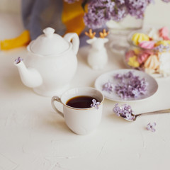 Obraz na płótnie Canvas Purple spring lilac flowers breakfast still life