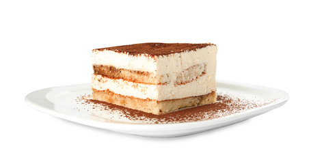 Plate of tiramisu cake isolated on white