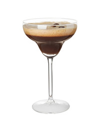 Glass of Espresso Martini on white background. Alcohol cocktail