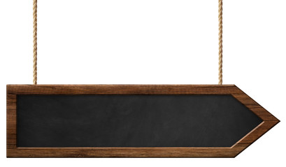 Blackboard with dark frame and arrow shape hanging on ropes