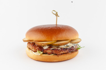 Chicken burger with bbq chicken chop on white background