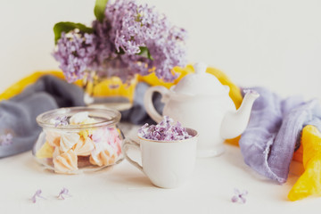 Purple spring lilac flowers  breakfast still life