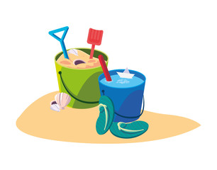 summer sand beach with sand bucket and icons