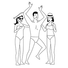 Young people and summer cartoons in black and white