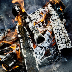 Hot coals and charred logs in a BBQ fire