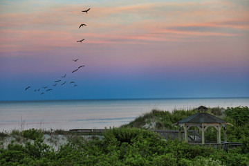 Birds fly over the ocean in the Outer Banks at sunset.  This is a beautiful beach vacation travel image of the OBX.