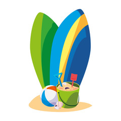 summer sand beach with surfboards and set icons