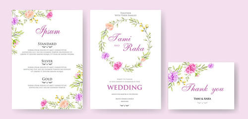 Fototapeta na wymiar watercolor floral and leaves wedding and invitation card template