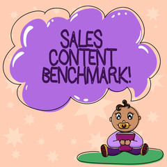 Word writing text Sales Content Benchmark. Business concept for Crafting sales enablement content that converts Baby Sitting on Rug with Pacifier Book and Blank Color Cloud Speech Bubble