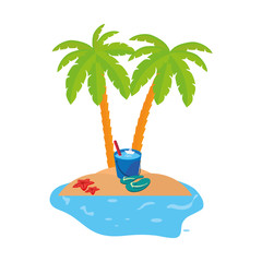 summer coastline scene with palms and water bucket