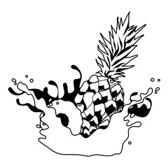 Pineapple with resfreshment drink splash in black and white