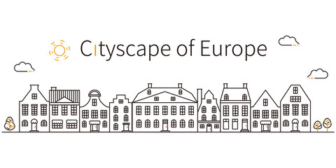 3色の線画 ヨーロッパの街並み　黒基調