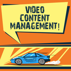 Writing note showing Video Content Management. Business photo showcasing assessment of an individual s is response to a product Car with Fast Movement icon and Exhaust Smoke Speech Bubble