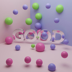 Word good with metallic texture and spheres. 3d illustration