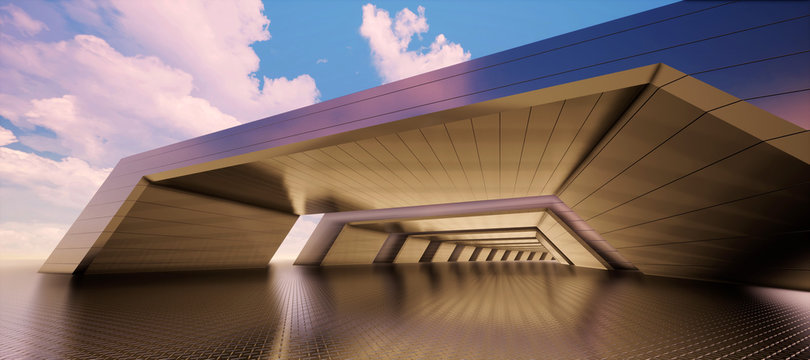 Colorful abstract panoramic background: metal tunnel.  (Car backplate, 3D rendering computer digitally generated illustration.)