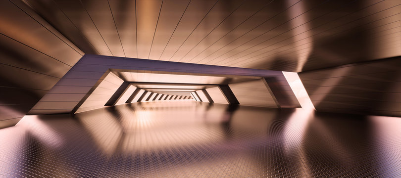 Colorful abstract panoramic background: metal tunnel.  (Car backplate, 3D rendering computer digitally generated illustration.)