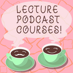 Conceptual hand writing showing Lecture Podcast Courses. Business photo showcasing the online distribution of recorded lecture material Cup Saucer for His and Hers Coffee Face icon with Steam