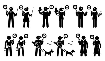People from different occupations and jobs using mobile app for their works. Vector artwork depicts teacher, photographer, painter artist, hairstylist, hunter, and fashion model use smartphone app.