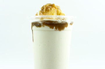 Fresh milk caramel take home cup beverage for summer isolated on white background..