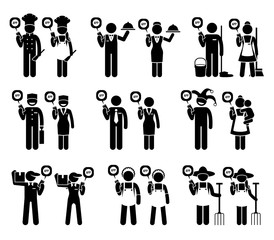 Different jobs, occupations, and people from various industries using mobile app for their work. Chef, waiter, janitor, nanny, maid, postal service, factory workers, and farmer using smartphone app.