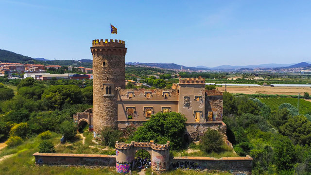 Barcelona. Aerial view in Colonia Guell and Cripta Gaudi. Santa Coloma de Cervello.Spain Drone Photo