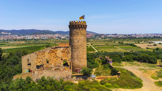 Barcelona. Aerial view in Colonia Guell and Cripta Gaudi. Santa Coloma de Cervello.Spain Drone Photo