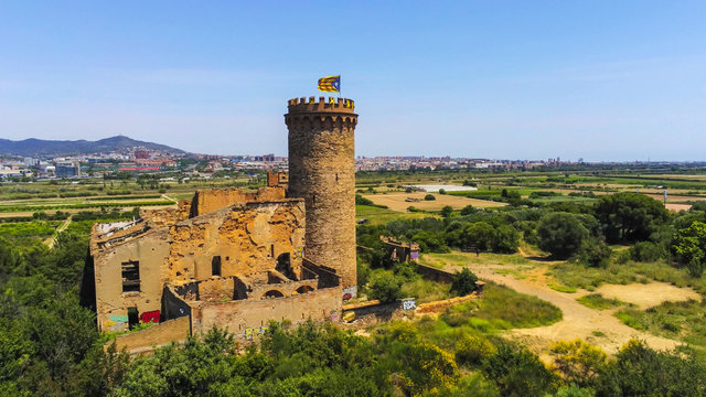 Barcelona. Aerial view in Colonia Guell and Cripta Gaudi. Santa Coloma de Cervello.Spain Drone Photo