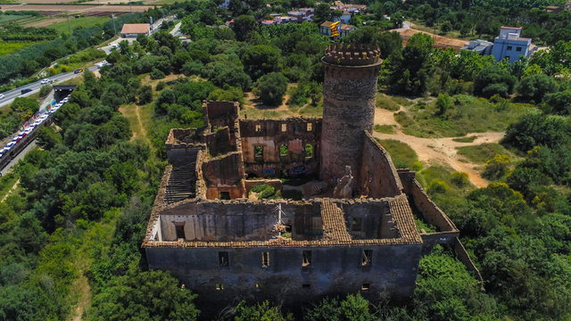 Barcelona. Aerial view in Colonia Guell and Cripta Gaudi. Santa Coloma de Cervello.Spain Drone Photo
