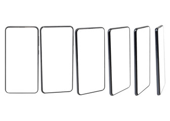 Mockup image of various smartphone devices. several full-screen white mobiles, at various angles.