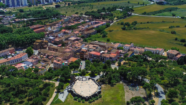 Barcelona. Aerial view in Colonia Guell and Cripta Gaudi. Santa Coloma de Cervello.Spain Drone Photo