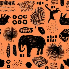 Lichtdoorlatende gordijnen Oranje Tropische naadloze patroon. Safari-behang.