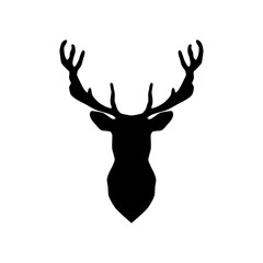 Elk head icon. Template logo design. Black vector silhouette of deers head with antlers isolated on white background. Christmas symbol. Vector illustration.