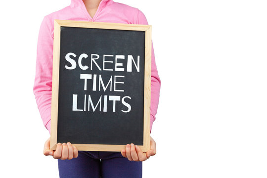 Screen time limits for children issue depicted with child holding blackboard with text and copy space