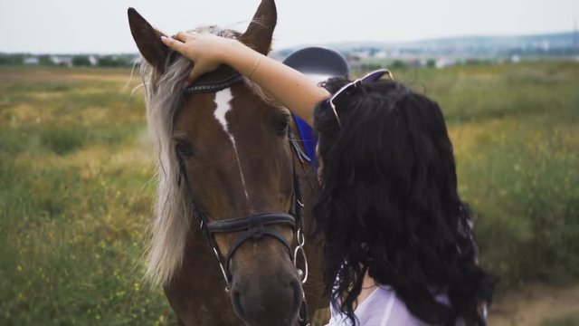 Girl gently caress on horse head