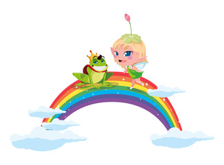 beautiful magic fairy with toad prince and rainbow