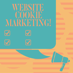 Word writing text Website Cookie Marketing. Business concept for information and insights of the webpage users Color Silhouette of Blank Square Speech Bubble and Megaphone photo
