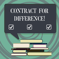 Handwriting text writing Contract For Difference. Concept meaning contract between an investor and an investment bank Uneven Pile of Hardbound Books and Blank Rectangular Color Speech Bubble