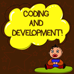 Writing note showing Coding And Development. Business photo showcasing To program or create a software or any application Baby Sitting on Rug with Pacifier Book and Cloud Speech Bubble