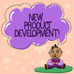 Word writing text New Product Development. Business concept for Process of bringing a new product to the marketplace Baby Sitting on Rug with Pacifier Book and Blank Color Cloud Speech Bubble