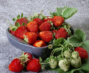 ceramic plate with ripe strawberries decorated with mint near sprig of strawberries on a dark background place for advertising