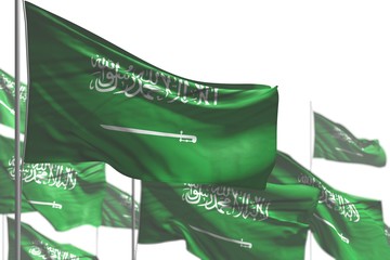 beautiful labor day flag 3d illustration. - many Saudi Arabia flags are waving isolated on white - image with bokeh