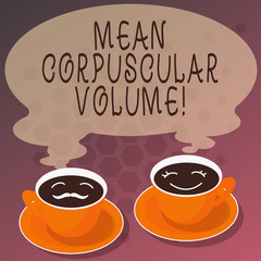 Word writing text Mean Corpuscular Volume. Business concept for average volume of a red blood corpuscle measurement Sets of Cup Saucer for His and Hers Coffee Face icon with Blank Steam