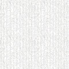 Classic striped floral vector seamless pattern. Black and gray contours of abstract flowers and leaves on white background. Ornate template for design, textile, wallpaper, clothing, web site.