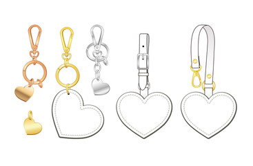 Blank heart shaped key chains set, heart shaped bag charms/ tags with detachable strap, vector illustration sketch template